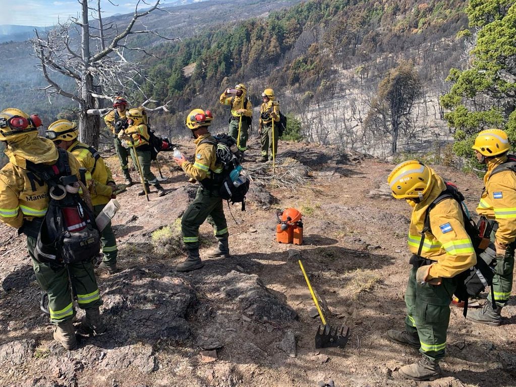 El trabajo de los bomberos cordobeses en el parque Nacional Los Alerces, en Chubut. (Gobierno de Córdoba)