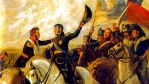 Abrazo de Maipú. San Martín y O’Higgins, tras la victoria en la batalla. La pintura es de Pedro Subercaseaux.