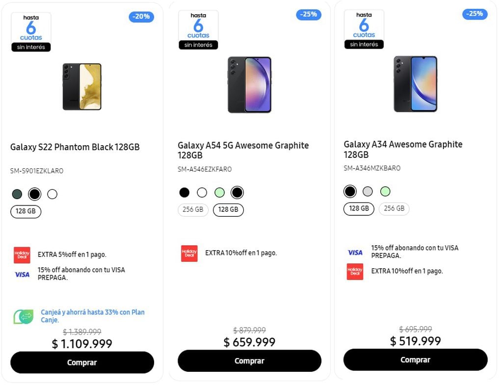 Precios de Samsung S22, A54 y A34 en Argentina