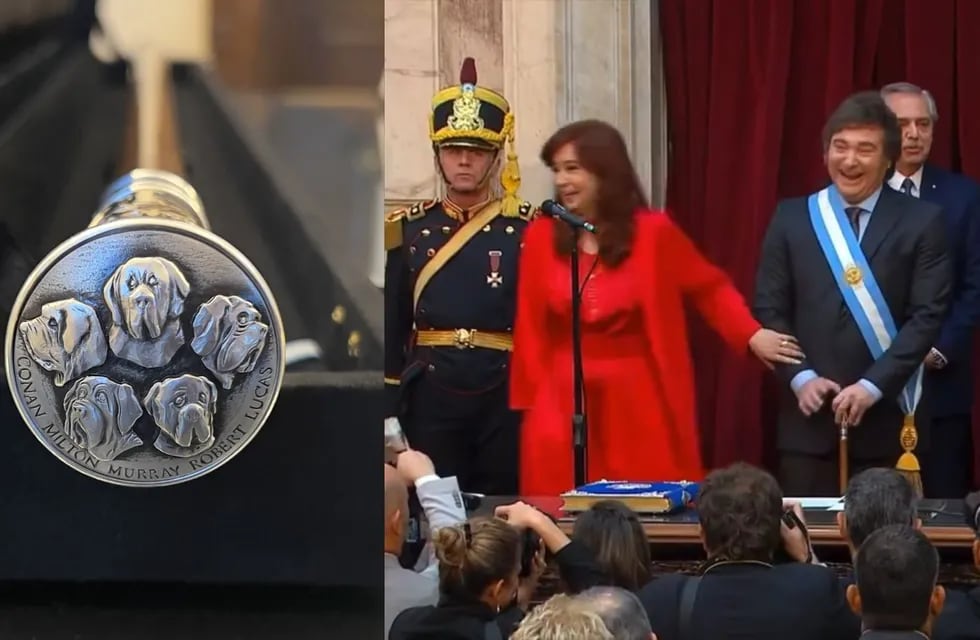 Momento en el que Javier Milei le muestra a Cristina Kirchner su nuevo bastón.
