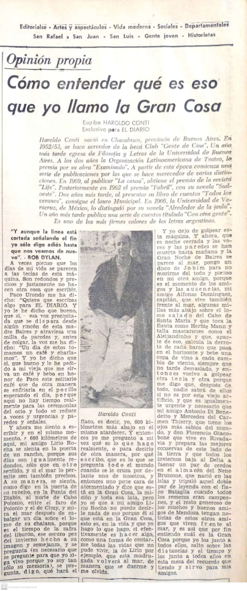 Publicación original de "Los caminos" en El Diario, de Mendoza (30/09/1969).