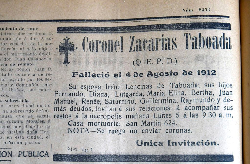 Aviso fúnebre del coronel Zacarías Taboada, en el  Diario Los Andes del 4 de agosto de 1912. Foto:  Orlando Pelichotti


