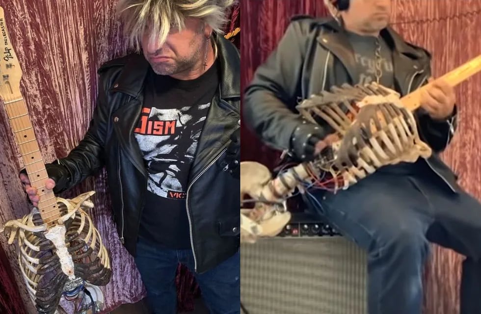Un músico de heavy metal construyó una guitarra eléctrica con el esqueleto de su tío