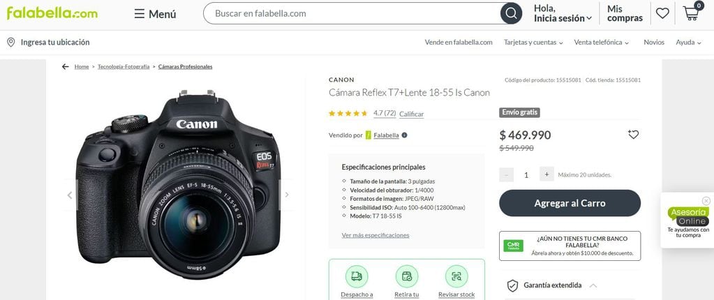 Esto sale una cámara réflex Canon, de entrada de gama, en Chile.