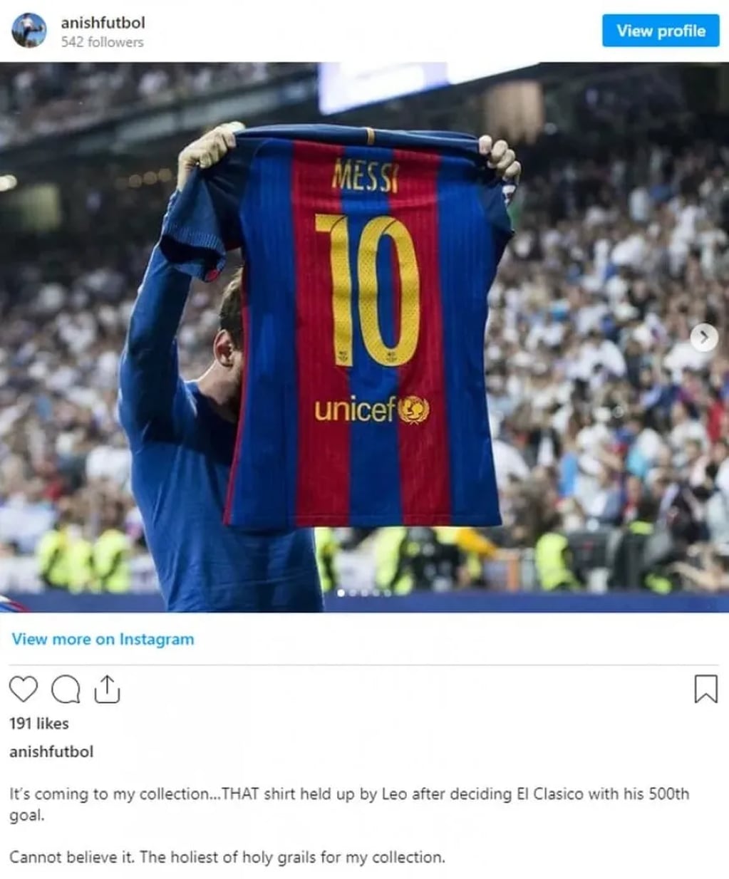 El posteo del coleccionista que se quedó con la camiseta de Lionel Messi. / Gentileza.