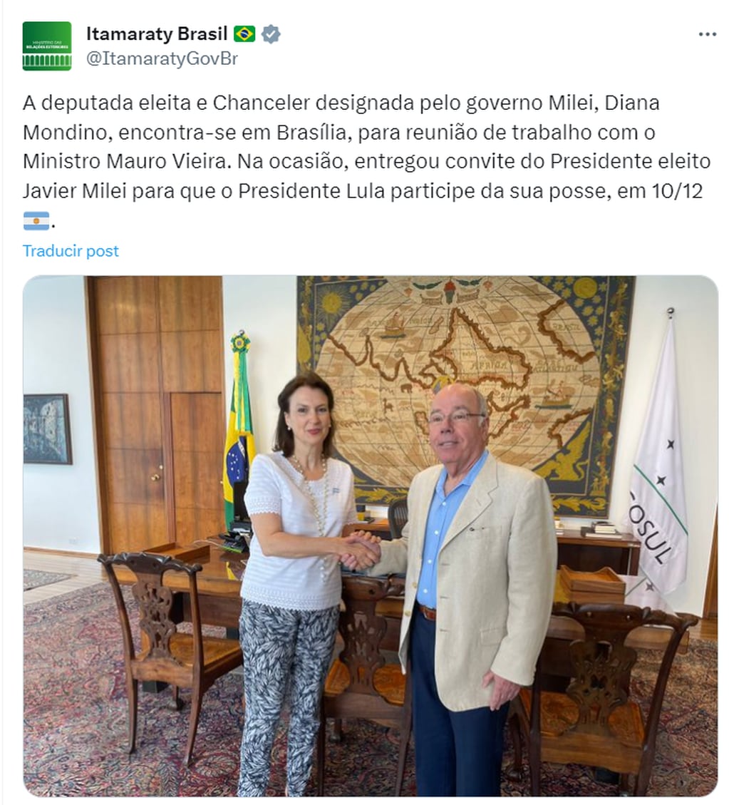 Diana Mondino viajó a Brasil para reunirse con el canciller Mauro Vieira - X Itamaraty Brasil