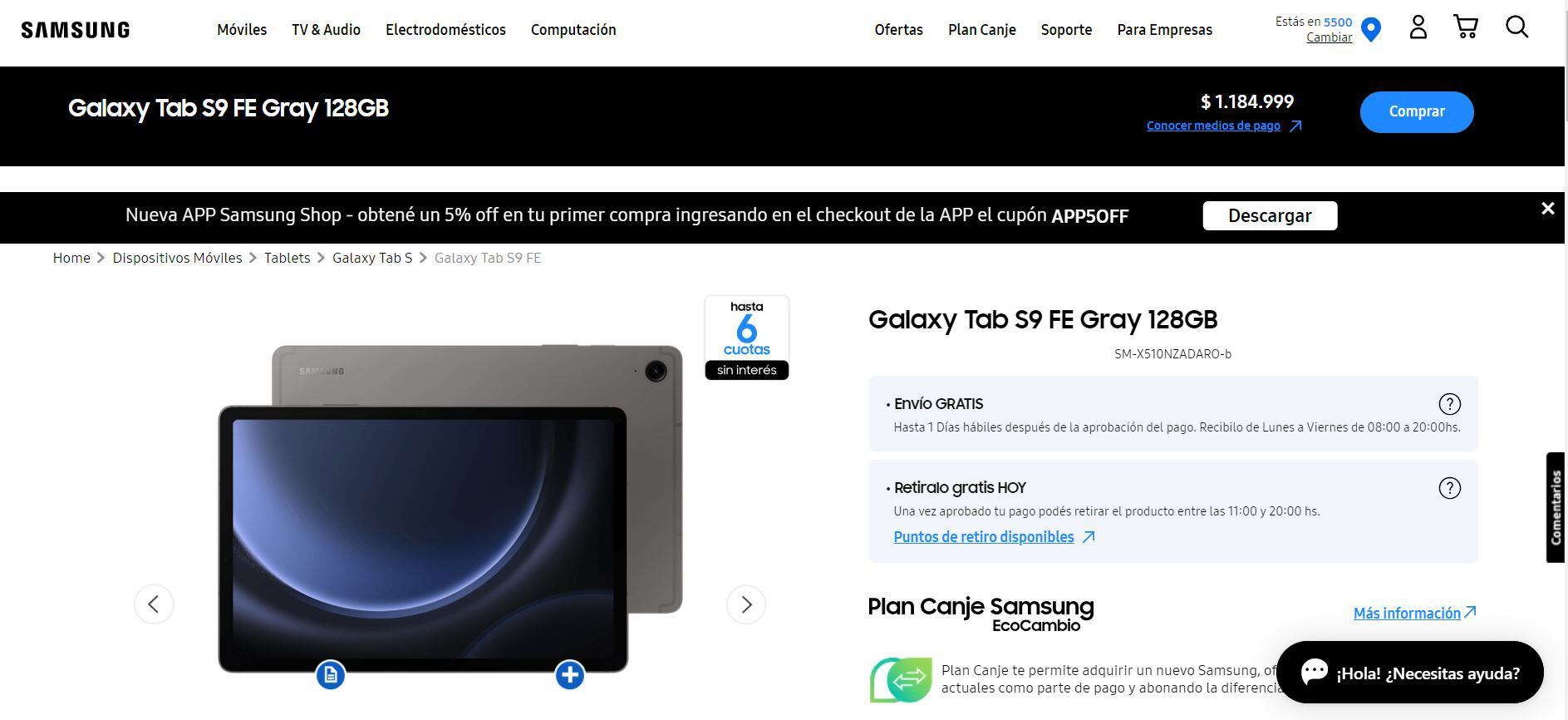 La misma tablet, en la página oficial de Samsung Argentina, sale más del doble.