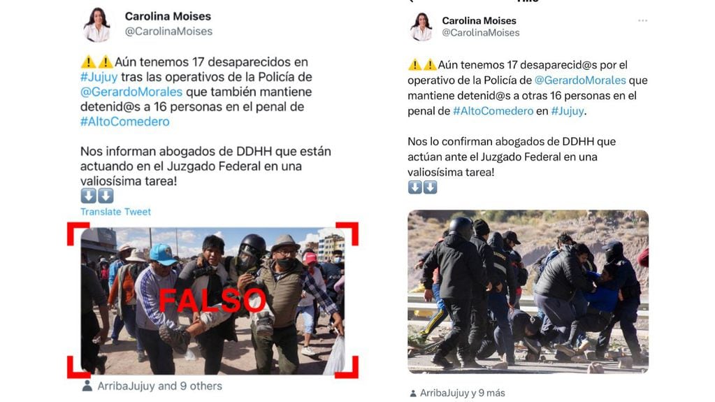 A la izquierda, el primer tuit que publicó Moisés con las imágenes falsas; a la derecha, el tuit que publicó más tarde con otras imágenes.