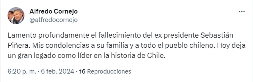 El gobernador Alfredo Cornejo lamentó la muerte del ex presidente chileno, Sebastián Piñera.