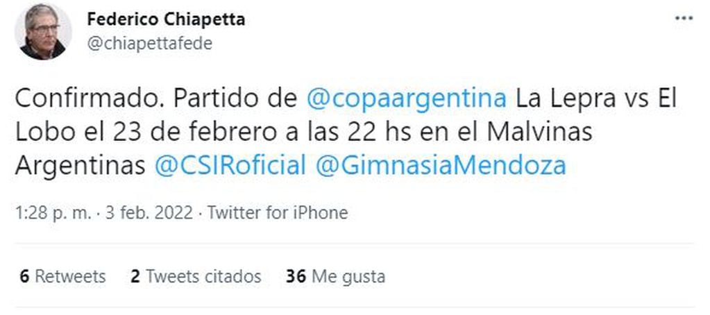 El subsecretario de Deportes de Mendoza, Federico Chiapetta, también confirmó el partido.