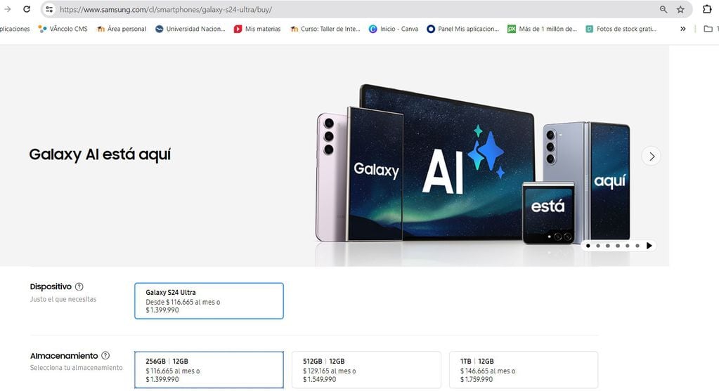 Este es el precio del Samsung S24 en la tienda oficial de la marca en Chile.