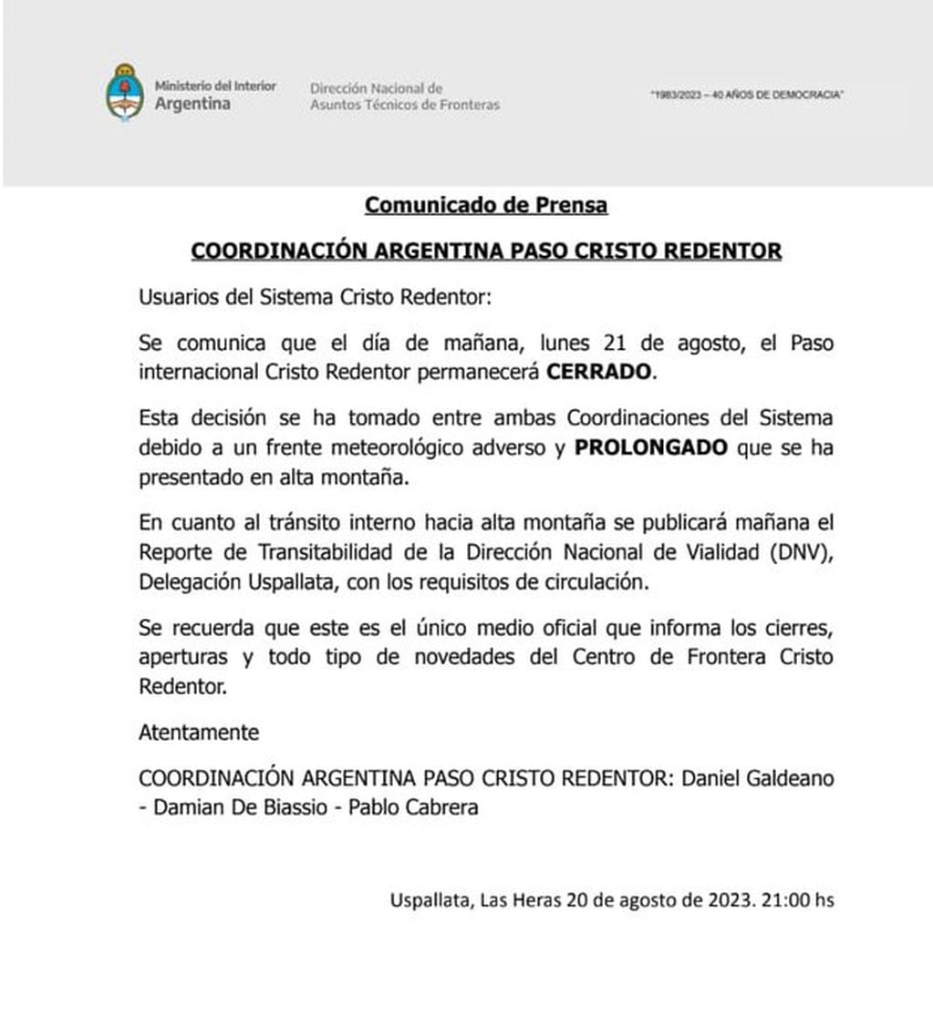 Comunicado de Prensa de la Coordinación Argentina Paso Cristo Redentor. Foto: Twitter / @PasoCRMza