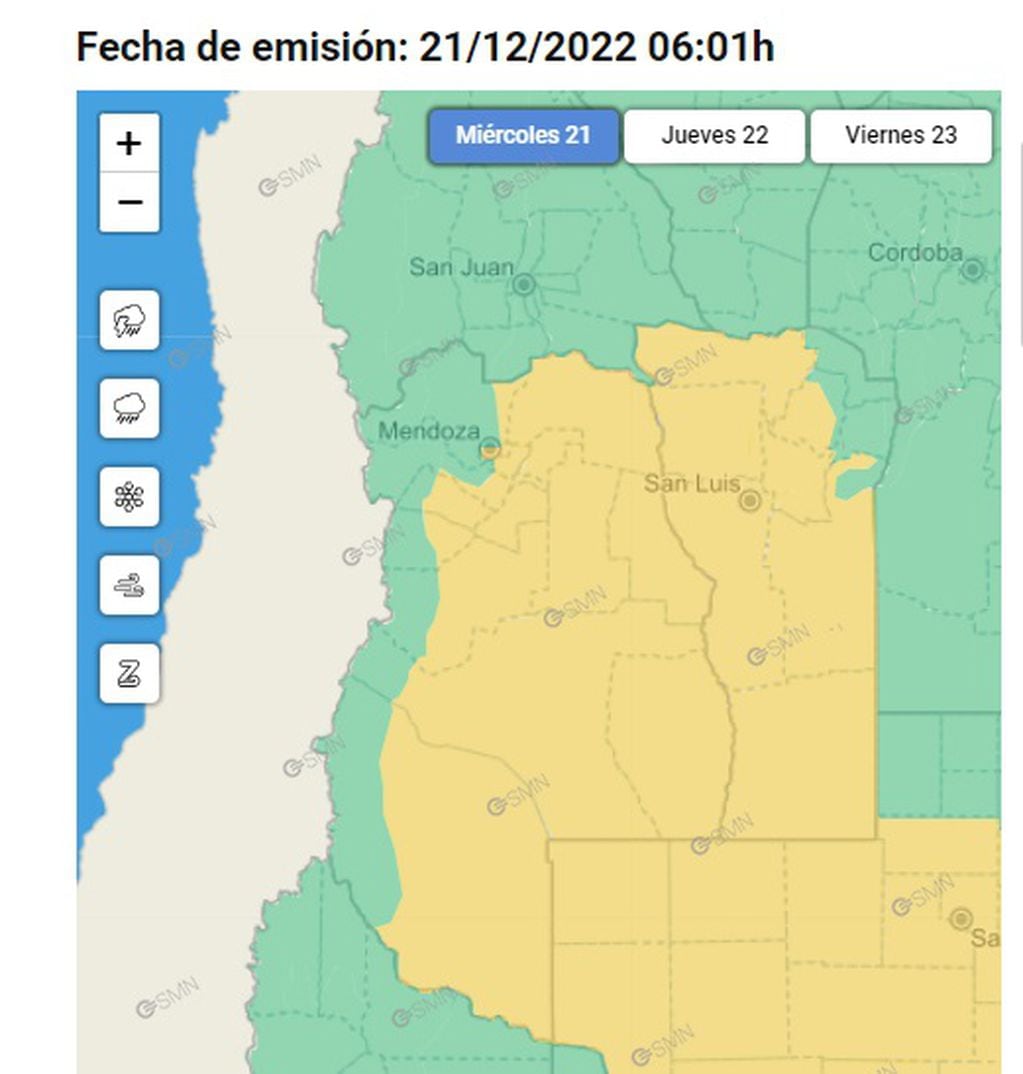 Alerta amarilla por tormentas en Mendoza (21/12/22) / SMN