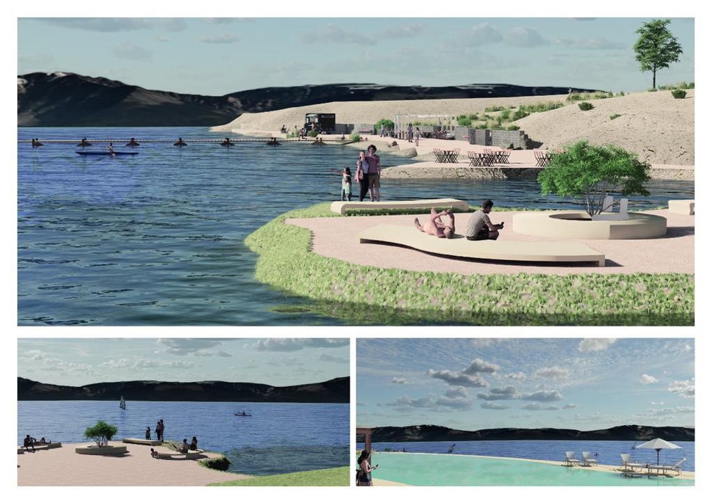 Renders de como serían las instalaciones que explotarán turísticamente el perilago del dique Potrerillos.