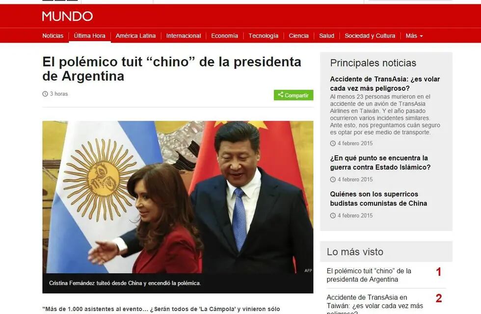 El polémico tuit de Cristina sobre el acento chino fue noticia en el mundo