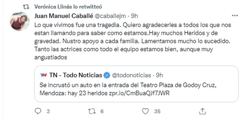 El mensaje del productor teatral Juan Manual Caballé tras el accidente en el teatro Plaza de Godoy Cruz (Twitter)
