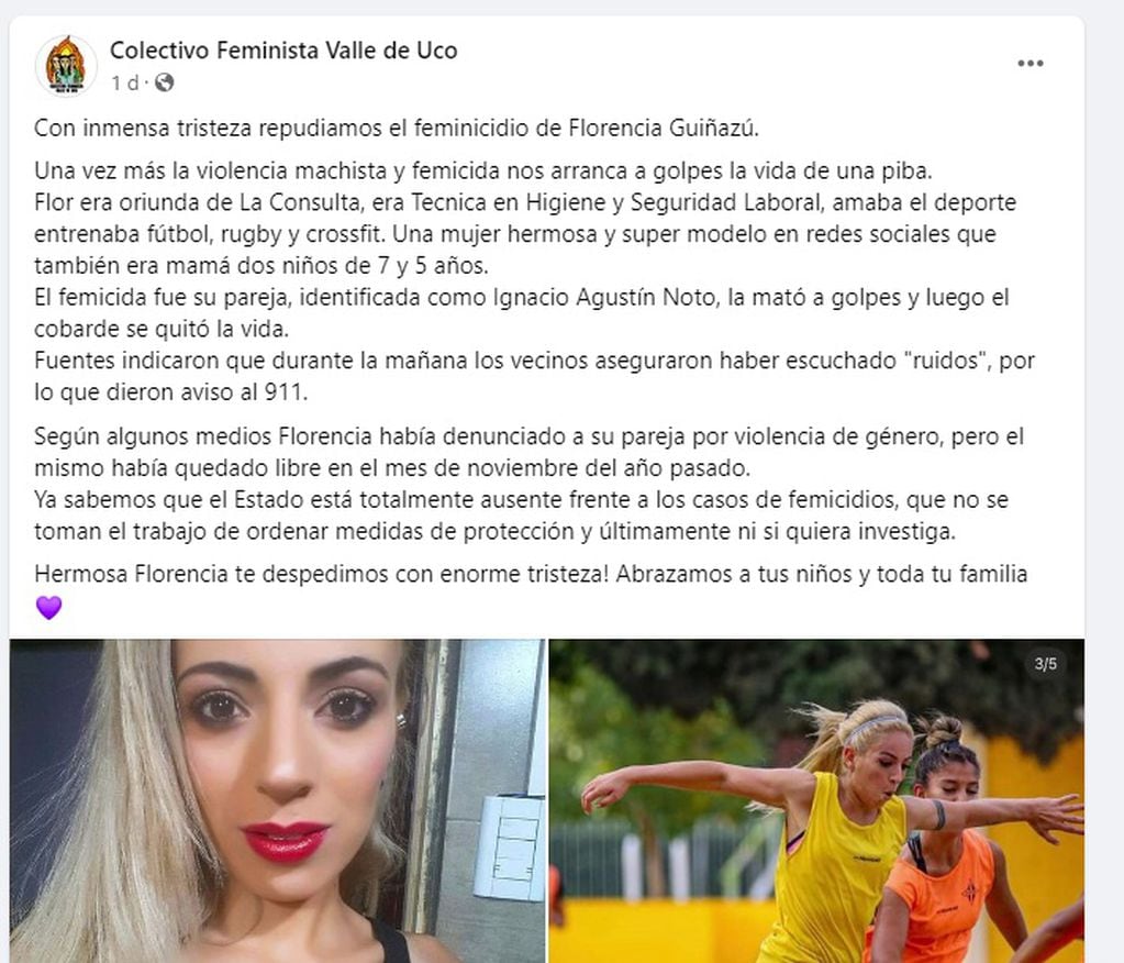 Mensajes en redes tras el femicidio de Florencia Guiñazú (Facebook)