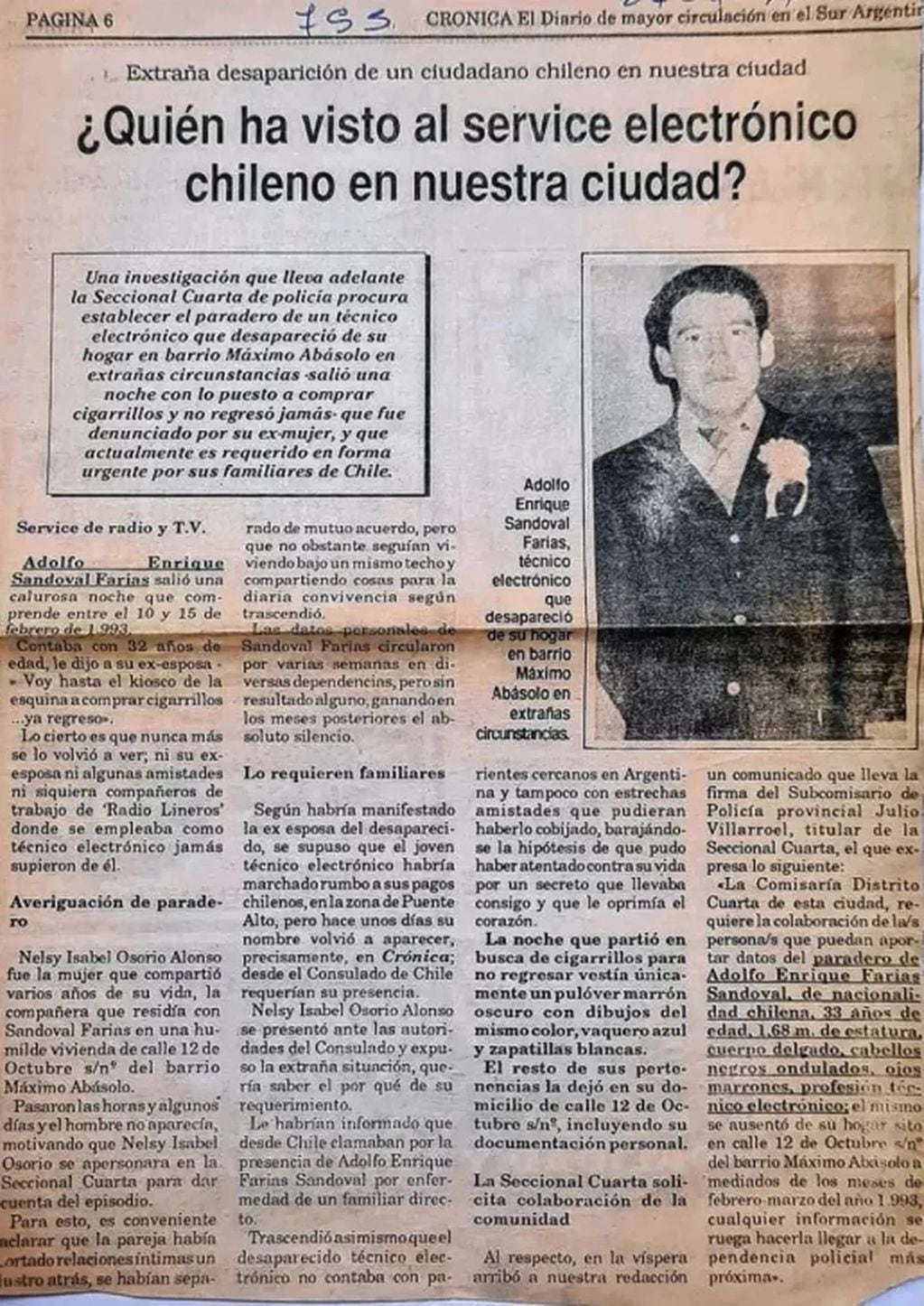 La noticia sobre la desaparición de Adolfo Enrique Sandoval Farías en el diario papel de 1993. Foto: Gentileza La Opinión Austral.
