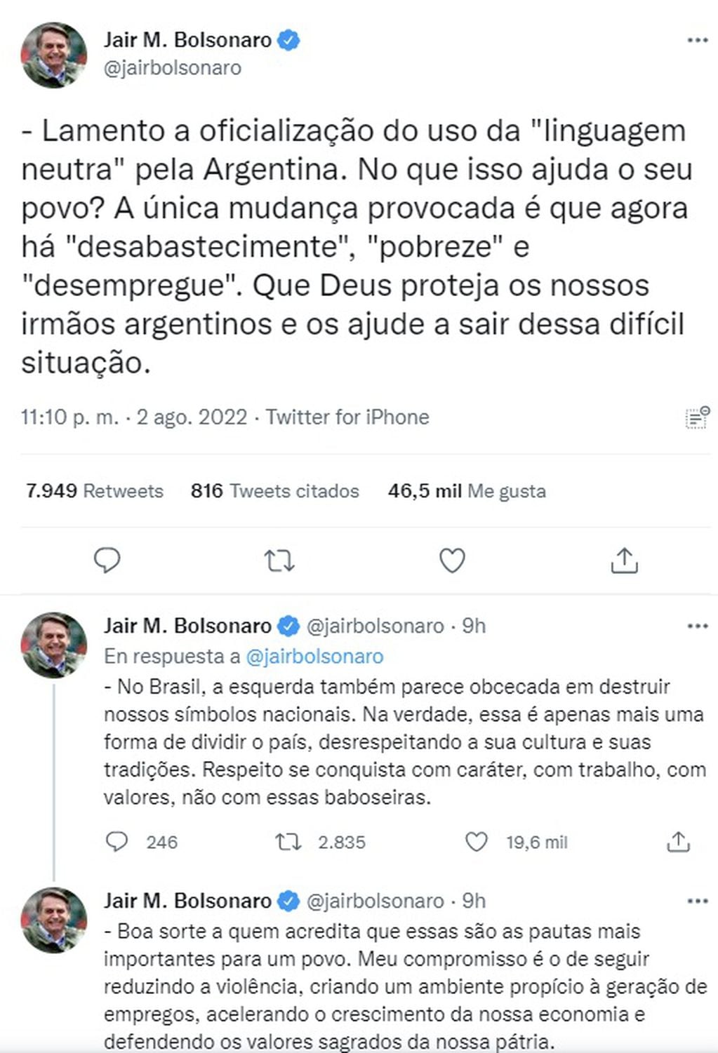 Jair Bolsonaro criticó a Argentina por el uso del lenguaje inclusivo (Twitter)