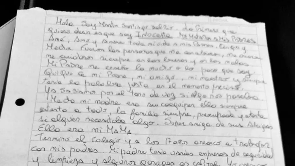 na de las cartas de Martín Del Río, acusado de doble parricidio. Foto: Web