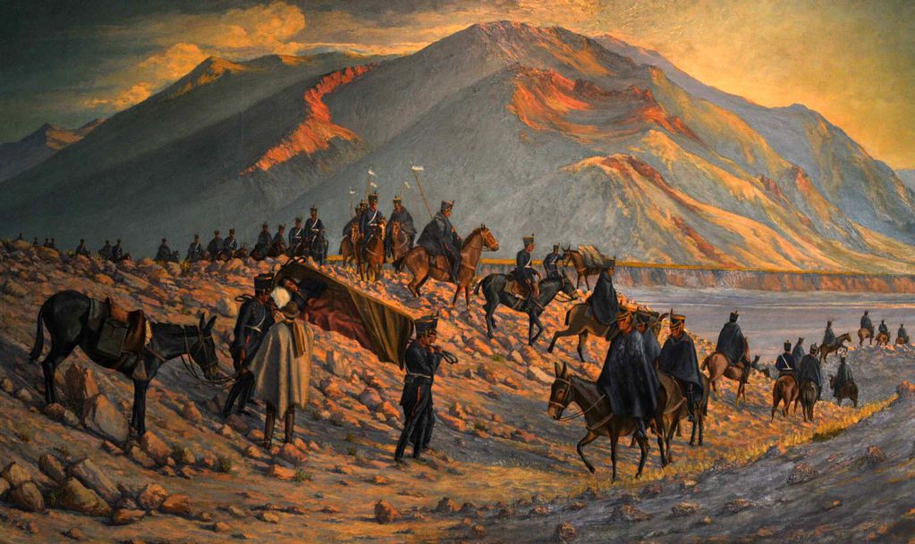 San Martín transportado a Cauquenes por una compañía de 60 granaderos. Óleo de Fidel Roig Matóns.