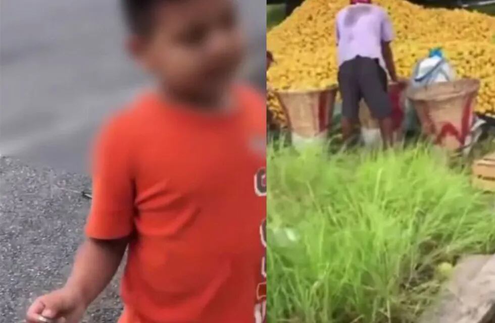El niño intentó comprar diez pesos en naranjas, mientras los vecinos saqueaban el camión y su actitud se hizo viral.