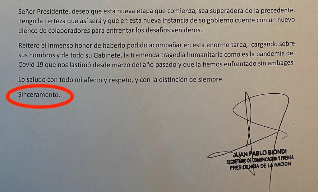 Hay varias ironías contra Cristina Kirchner en la carta de renuncia de Juan Pablo Biondi, secretario de comunicación de Alberto Fernández.