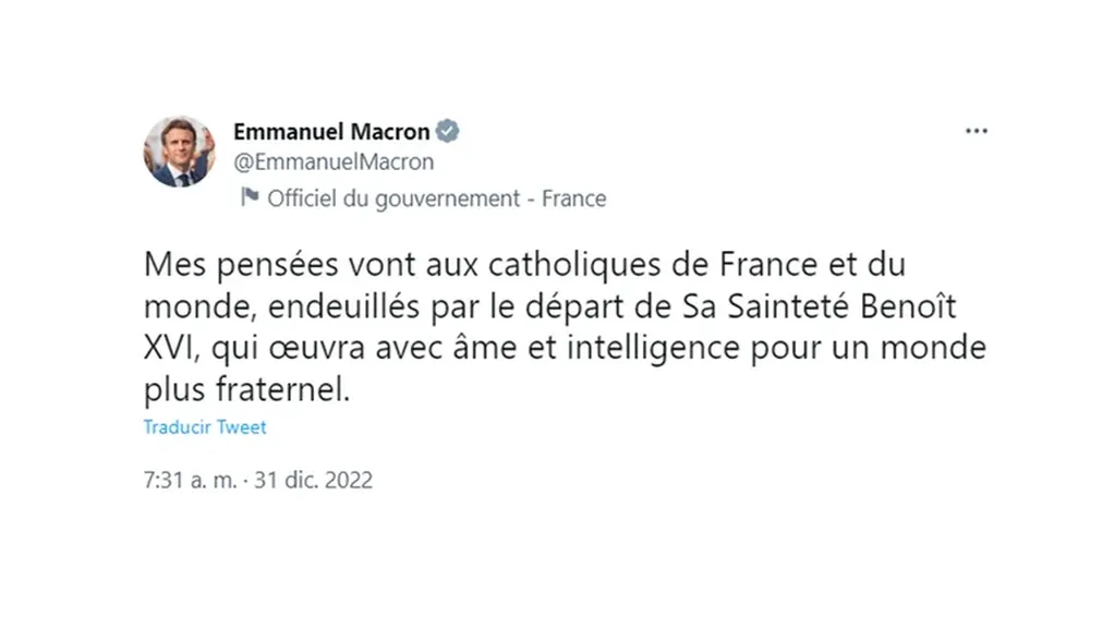 Mensaje original de Emmanuel Macron a Benedicto XVI.