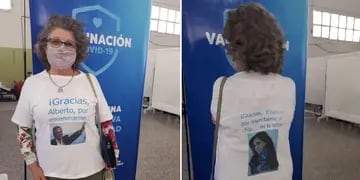 Jubilada se vacunó con la Sputnik V y le dedicó la remera a Alberto Fernández y Cristina Kirchner