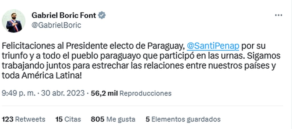 Mandatarios regionales saludaron a Santiago Peña, tras ganar las elecciones presidenciales este domingo. Twitter