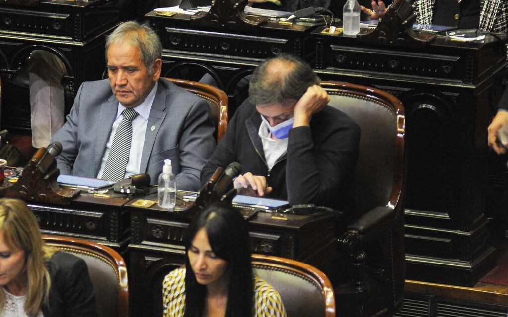 El sindicalista Sergio Palazzo durante una sesión junto al diputado Máximo Kirchner el día que se votó el acuerdo con el FMI. Foto: Federico López Claro. 