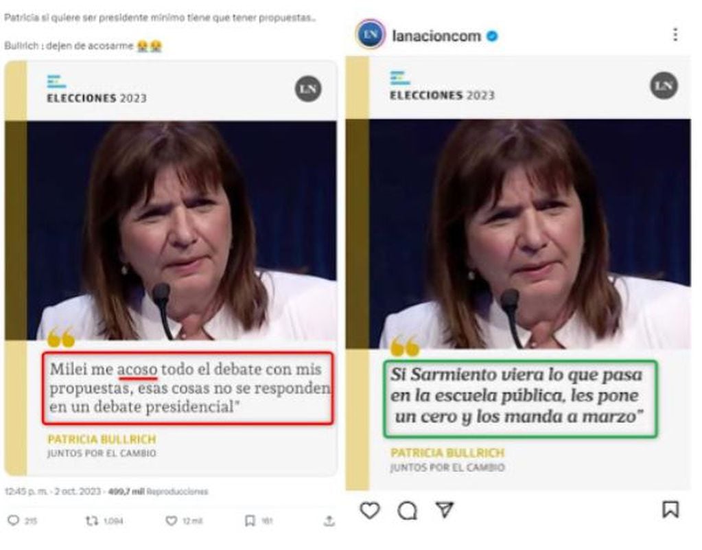 Comparación entre capturas de pantalla de una publicación en X (I) y una publicación en Instagram de La Nación, hecha el 3 de octubre de 2023
