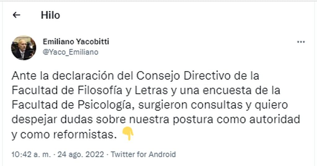 El vicerrector de la UBA, se expresó por Twitter en contra del comunicado que sacaron desde la Facultad de Filosofía y Letra defendiendo a Cristina Kirchner.