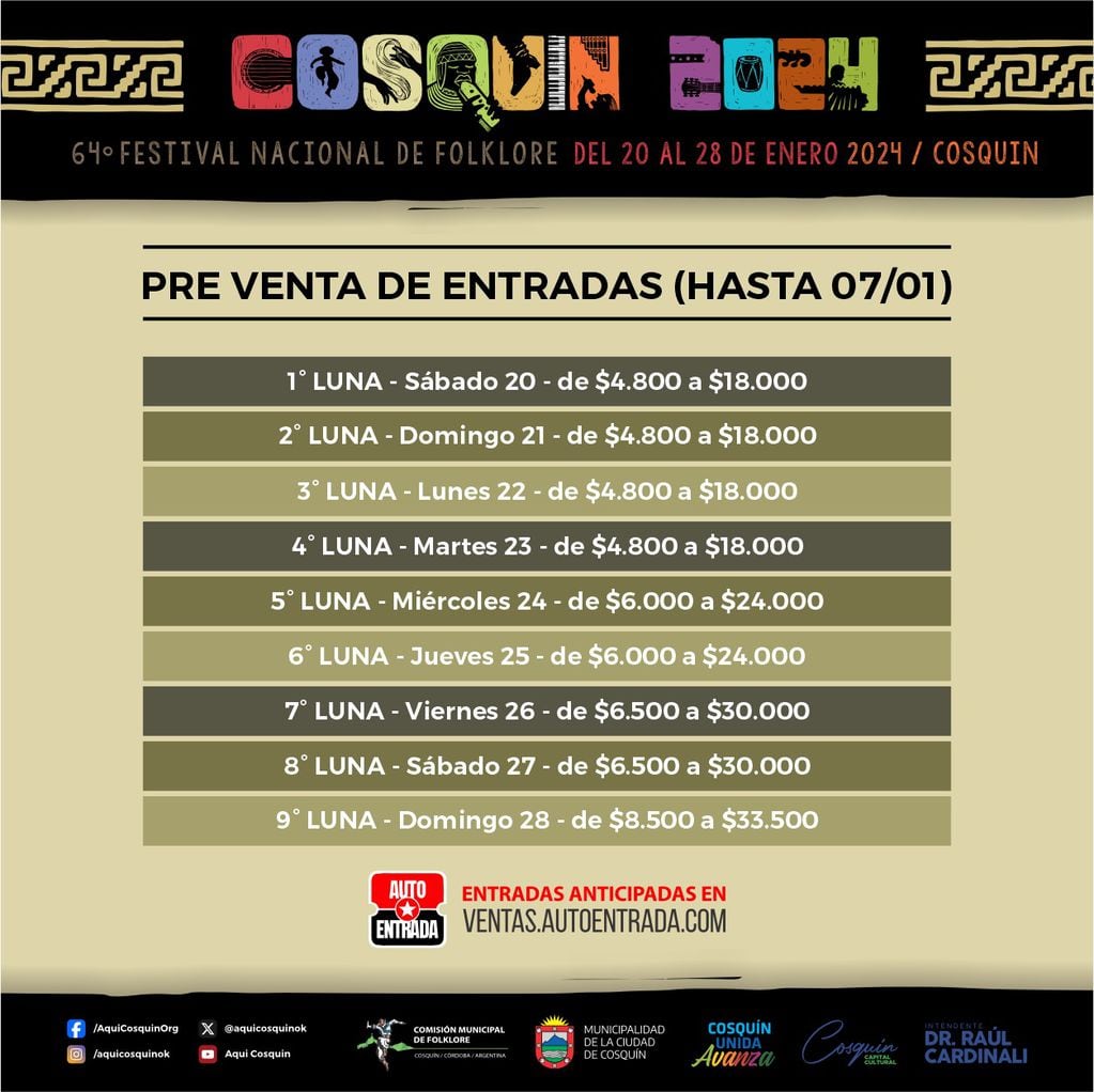 Precios de la preventa de entradas de Cosquín 2024.