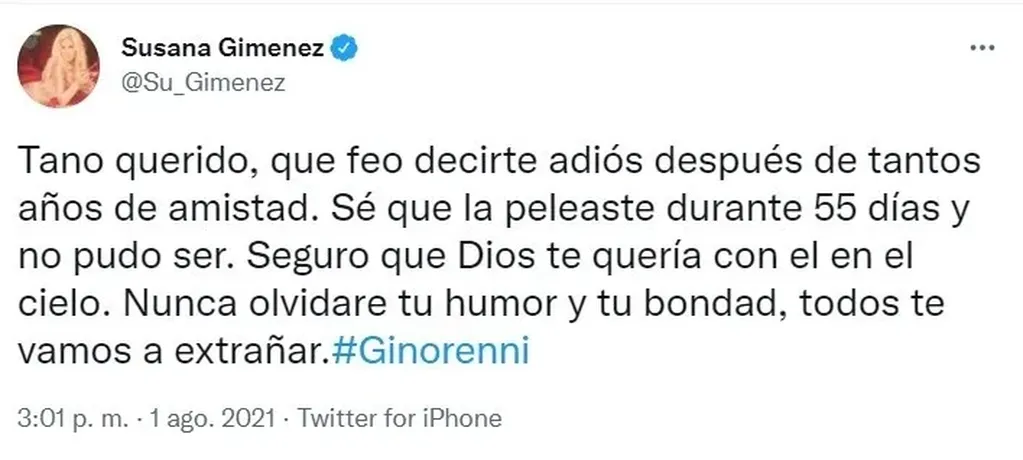 Susana Giménez lamentó la muerte de Gino Renni