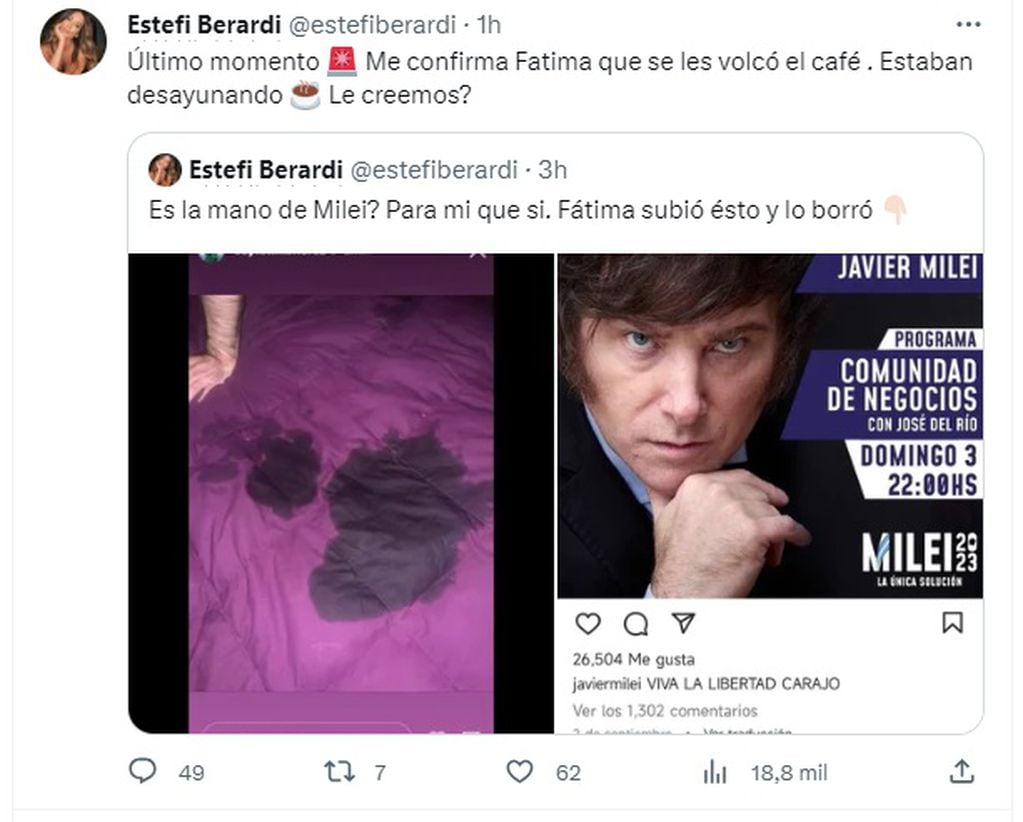 La foto íntima de Fátima Flórez con Javier Milei en la cama y que luego borró (X / Twitter)