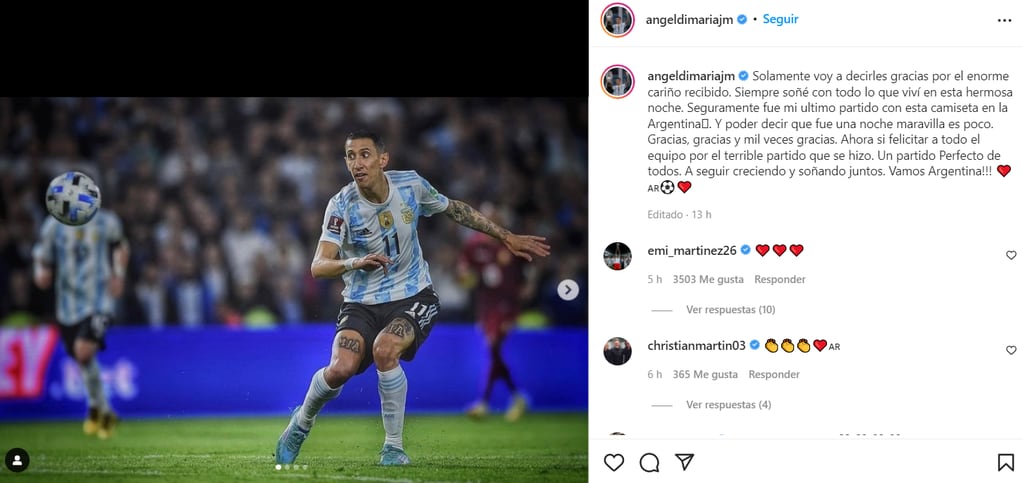 El experimentado jugador argentino reveló que el partido disputado anoche ante Venezuela (3-0) en La Bombonera “seguramente” ha sido su “último partido” con la celeste y blanca en el país. 