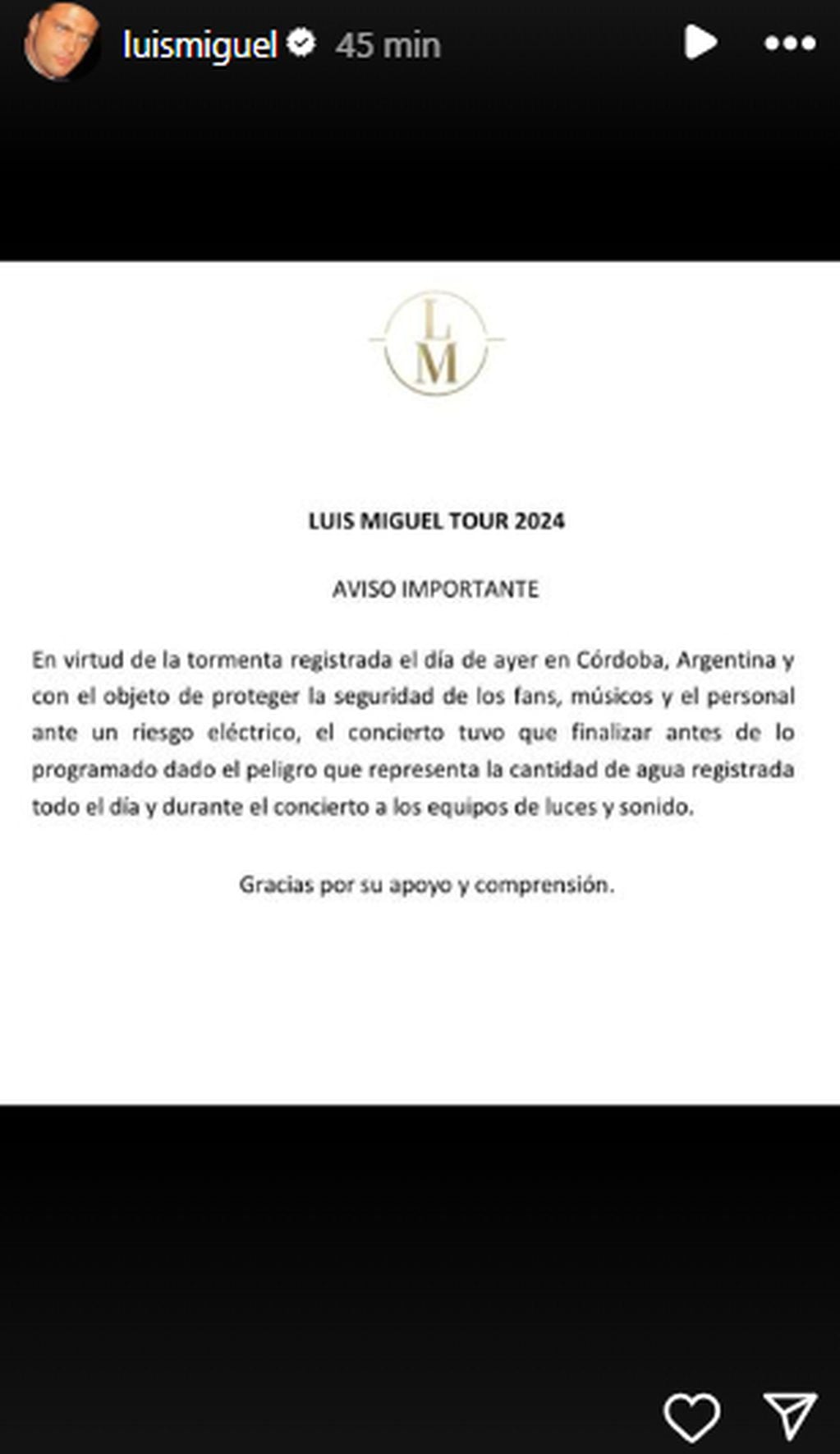 El comunicado de Luis Miguel tras el show en Córdoba. (Captura)
