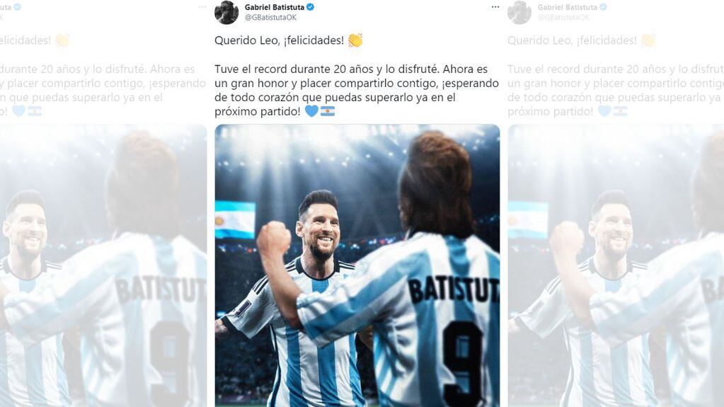 Gabriel Batistuta felicitó a Lionel Messi por compartir su récord de goles mundialistas.