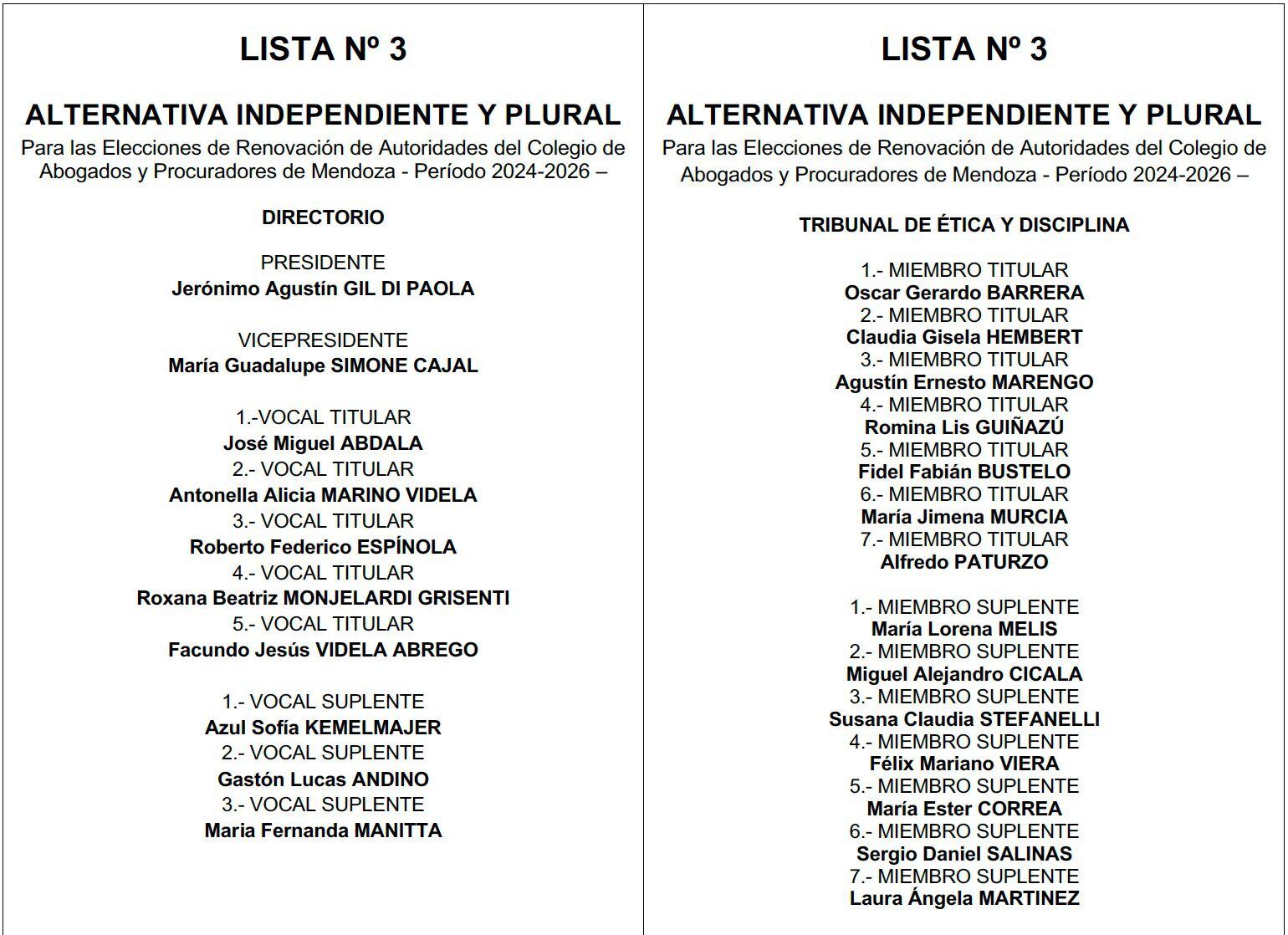 La lista es encabezada por Jerónimo Gil Di Paola y Guadalupe Simone Cajal para conducir el Colegio de Abogados.
