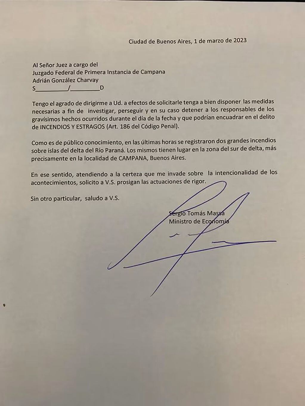 La carta de Massa dirigida al Juez Federal de Primera Instancia de Campana, Adrián González Charvay.