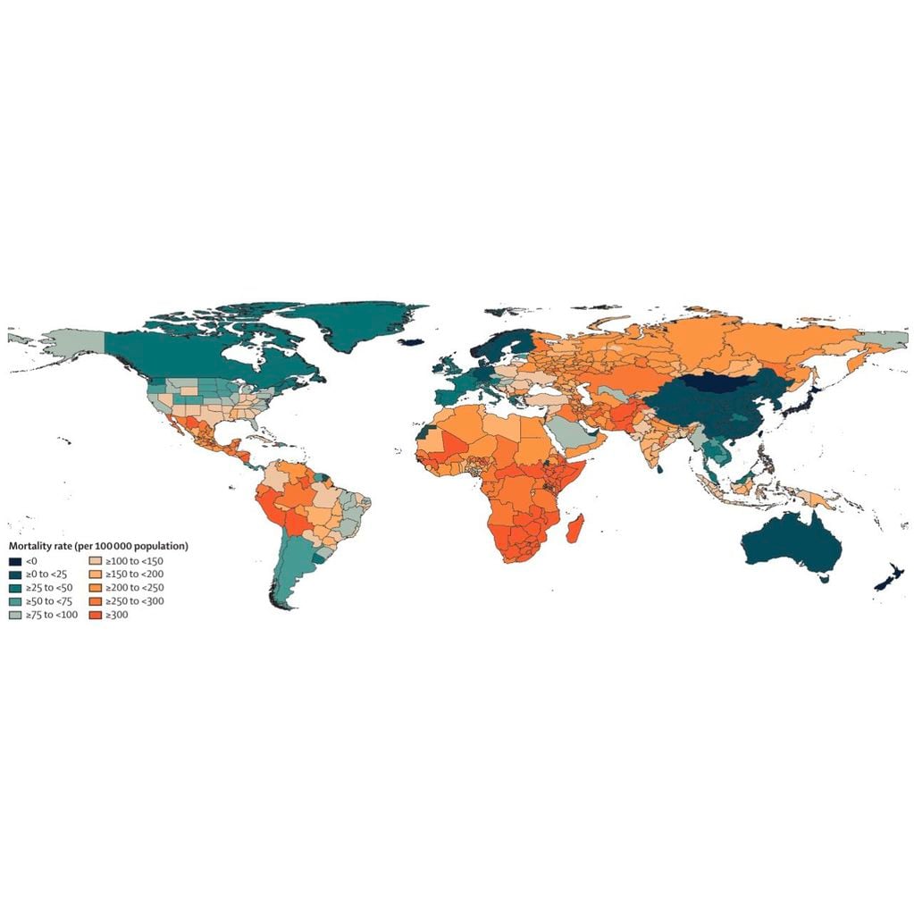Distribución global de las tasas de exceso de mortalidad estandarizadas por edad debido a la pandemia de COVID-19, 2020 y 2021 combinados. Foto: The Lancet