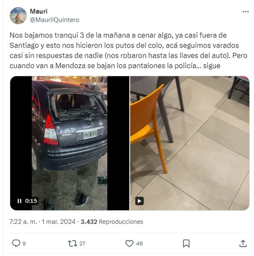 Fue a Chile y la pasó mal con el auto: se lo destrozaron (X)