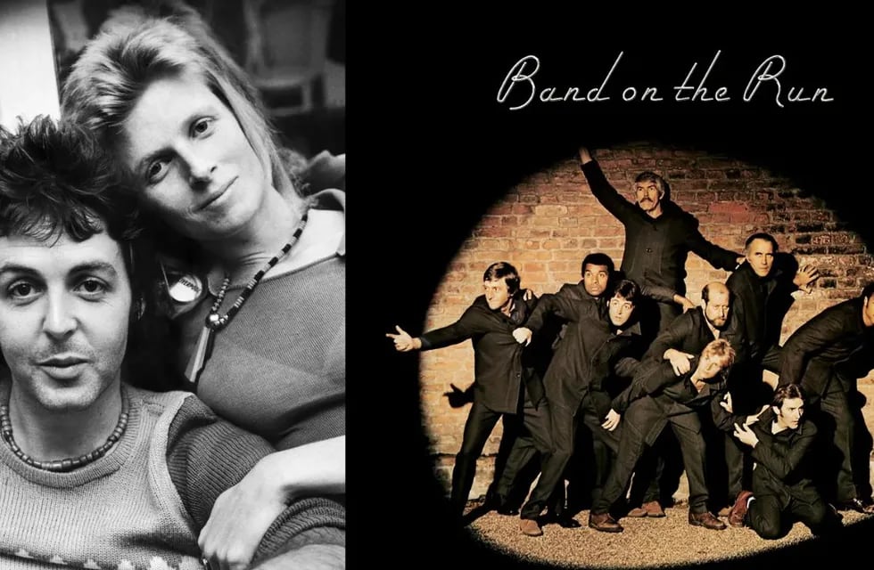 Paul McCartney, Linda McCartney y la portada de "Band on the Run", de Wings.