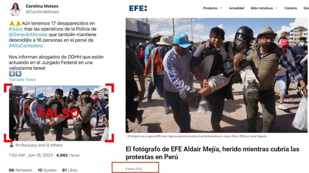 A la izquierda, la primera imagen publicada por Moisés; a la derecha, la misma foto publicada en enero de 2023 por la agencia EFE.
