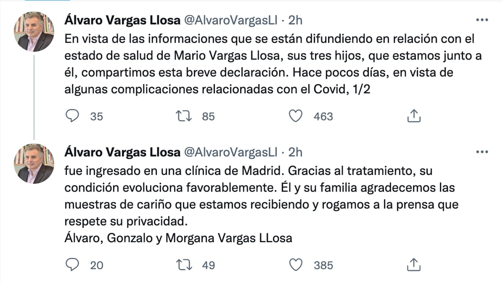 Álvaro, hijo de Mario Vargas Llosa, informó a través de Twitter que su padre está internado por Covid-19 y que evoluciona bien.