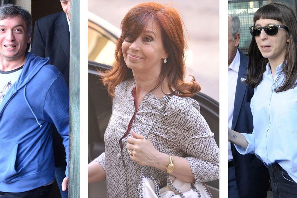 Cristina Fernández de Kirchner,  Florencia y Maximo Kirchner saliendo de Comodoro Py en una de las tantas declaraciones por la causa. Foto Archivo