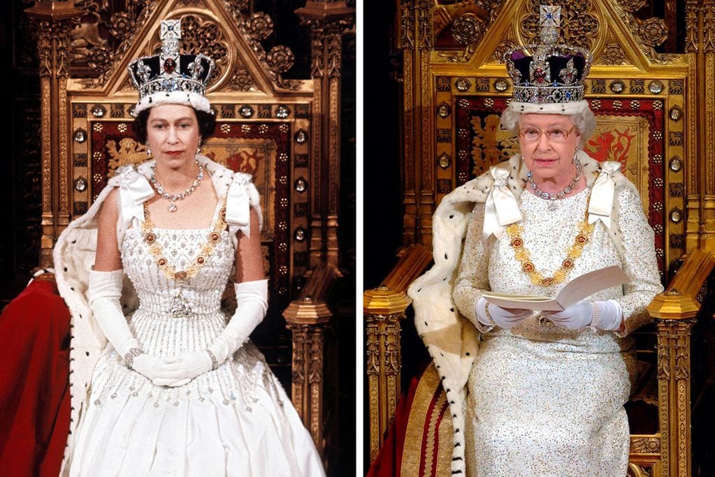 Esta combinación de fotografías muestra a la reina Isabel II durante la apertura estatal del parlamento, Londres, en abril de 1966 a la izquierda y el 15 de noviembre de 2006 a la derecha.(AP/Arthur Edwards, archivo)