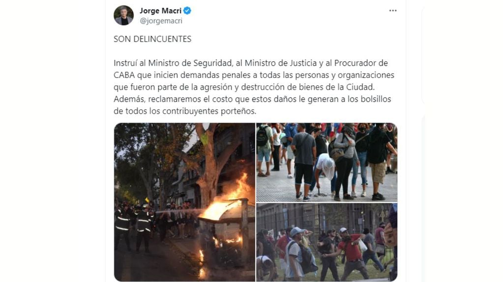 Jorge Macri tildó a los manifestantes de "delincuentes" y felicitó a las fuerzas de seguridad por su accionar.