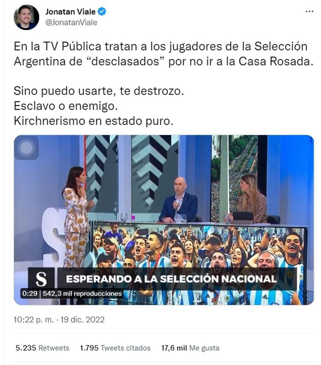 Críticas en redes sociales a la TV Pública por tildar de "desclasados" a los jugadores de la Selección Argentina (Twitter)